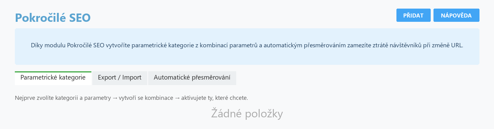 Schéma: Shoptet.cz Pokročilé SEO, záložka Parametrické kategorie