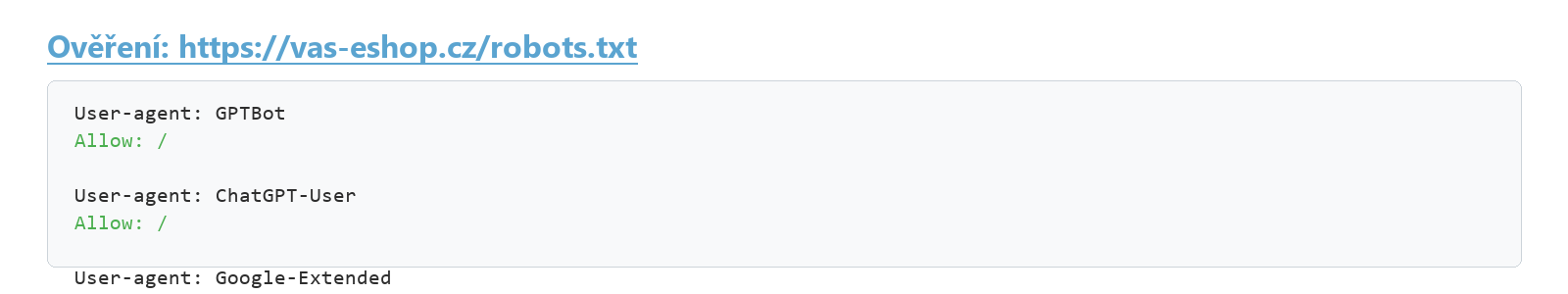 Schéma: veřejný robots.txt s AI boty