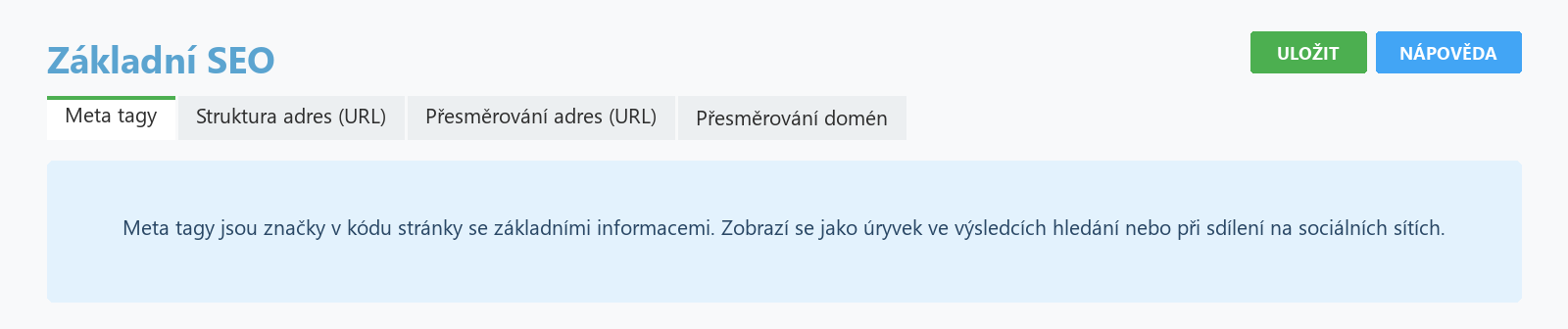 Schéma: Shoptet.cz Základní SEO, záložka Meta tagy